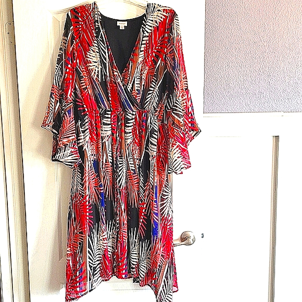 Avenue Pink & Brown Tropical Print Front Wrap Flowy Spring Dress Size 22/24 (3X)